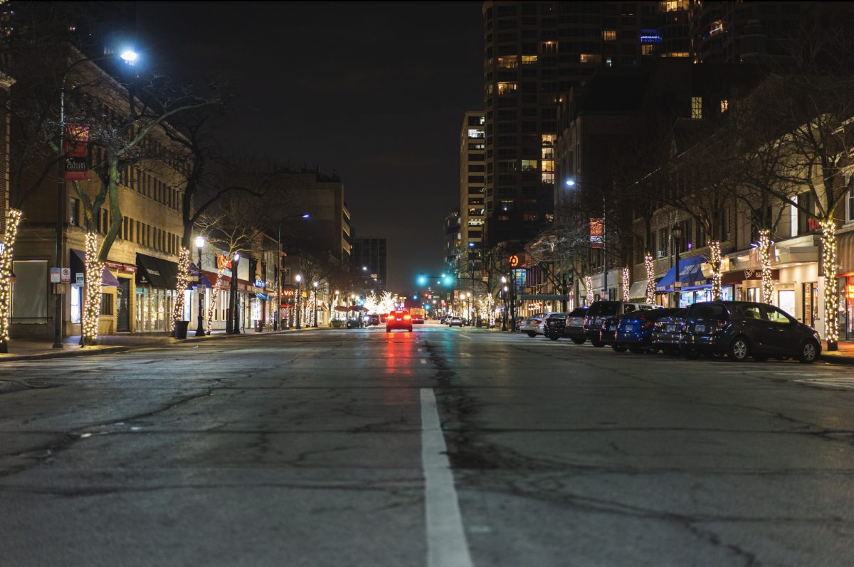 A street with lights on the sides.